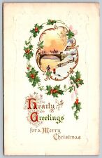 Hearty Greetings A Merry Christmas Holly Berries River Bridge Winter PM 1913 picture