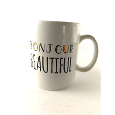 Bonjour Beautiful Coffee Cup Mug Large White Gold Black Lettering picture