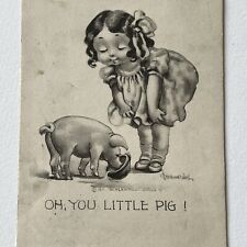Antique Postcard Adorable Sweet Girl Oh, You Little Pig Funny Cute Piggy picture