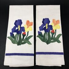 Vintage Kitchen Tea Towels Muslin Applique Iris Handmade Floral Purple Yellow(2) picture