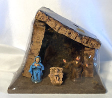 NOS Wooden Nativity Manger 3 Figure Thatched Roof Italy picture