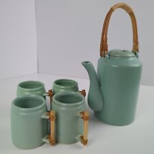 VINTAGE Chinese Japanese ceramic teapot and 4 mugs bamboo Jade color Asian picture