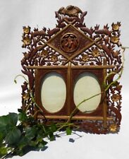 Antique Hand Carved Wood Ornate Floral Picture Photo Frame Double Oval View 19th picture