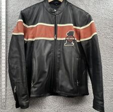 Harley Davidson Race #1 Men's Large Black & Orange Leather Riding coat jacket picture