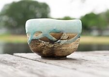 Japanese Matcha Bowl, Matcha Cup - Bright Blue and Brown Pattern, 14 oz picture