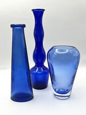 3 Vintage Cobalt Blue Glass Vases, Different Shapes picture