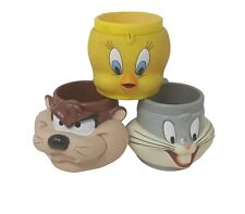Vtg 1990's Looney Tunes 3D Figural Mugs Cups Plastic Taz Bugs Tweety Set Of 3 picture