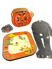 Lot (x4) vtg Halloween Paper Lantern Bucket Black Cat Plate pumpkin picture