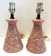 Pair Vintage Ceramic Glazed Bedroom Table Lamps Pink Embossed Floral Roses picture