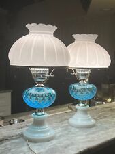 Pair of Mid Century Blue Coin Dot and Mild Glass Shade and Base Lamps.  picture