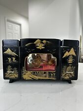 Vintage Japanese Rickshaw Black Lacquer Jewelry Music Box Mid-Century Hand Paint picture