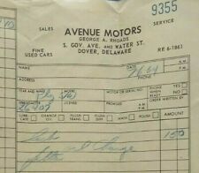 Dover Delaware Vintage Billhead Avenue Motors Car Dealership George Rhoads 1964  picture