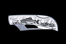 Etched Scrimshaw Trout Design Stainless Steel Silver Hawk Pocket Knife picture
