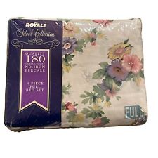 Vintage Sheet Set Full 4 PC Percale No-Iron 180 Thread Count White Floral USA picture