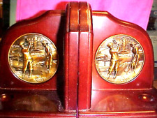 STUNNING HEAVY SOLID WOOD, GOLFING PAIR GOLDTONE DESIGN PAIR BOOKENDS VERY NICE picture