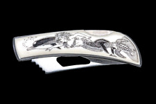 Frolicking Etched Mermaid Stainless Steel Silver Hawk Knife.  Acrylic Resin picture