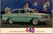 1963 RAMBLER AMERICAN Car Advertising Postcard 440 4-Door Sedan Fireworks Scene picture