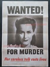 1942 WW2 USA AMERICA WOMEN CARELESS TALK COST LIVES MURDER SPY PROPAGANDA POSTER picture
