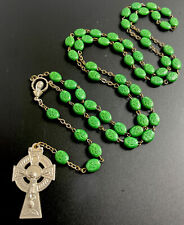 Vintage Clover Impression Green Glass Rosary, Silver Tone  Erin Celtic Crucifix picture