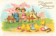 Vintage Boy Girl Sit On Gilt Rail Fence Chicks Eggs Horseshoe Easter P156 picture