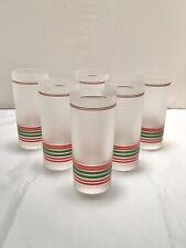 Vintage Frosted 6” Glasses Green/Red Striped MCM Retro Set Of 6 Glasses picture