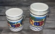 Vintage GHA 2 Pc Raised Fruit Ceramic Canister Set Metal Tight Seal D. Henry picture