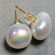 13-14MM Huge Natural AAA Baroque White pearl Earrings 14K Hoop Art Women Stud picture