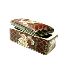 Vintage 1960s Asian Trinket Box Ceramic Glass Burundy Green Gold Vanity Decor picture