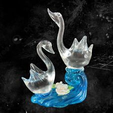 1980s Vintage Art Glass Duck Birds On Wave Glass Figurine Decor W Flowers Vtg picture