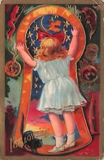 Halloween Red Devil, Witch & Spooky Moon, Little Girl Keyhole Embossed Postcard picture