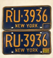 Vintage Matching Pair 1966 New York License Plate RU 3936 Style Used 1966-73 picture