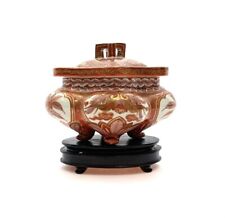 Lidded Jar Footed Dish Old Vintage Porcelain Oriental Decor on Wooden Base picture