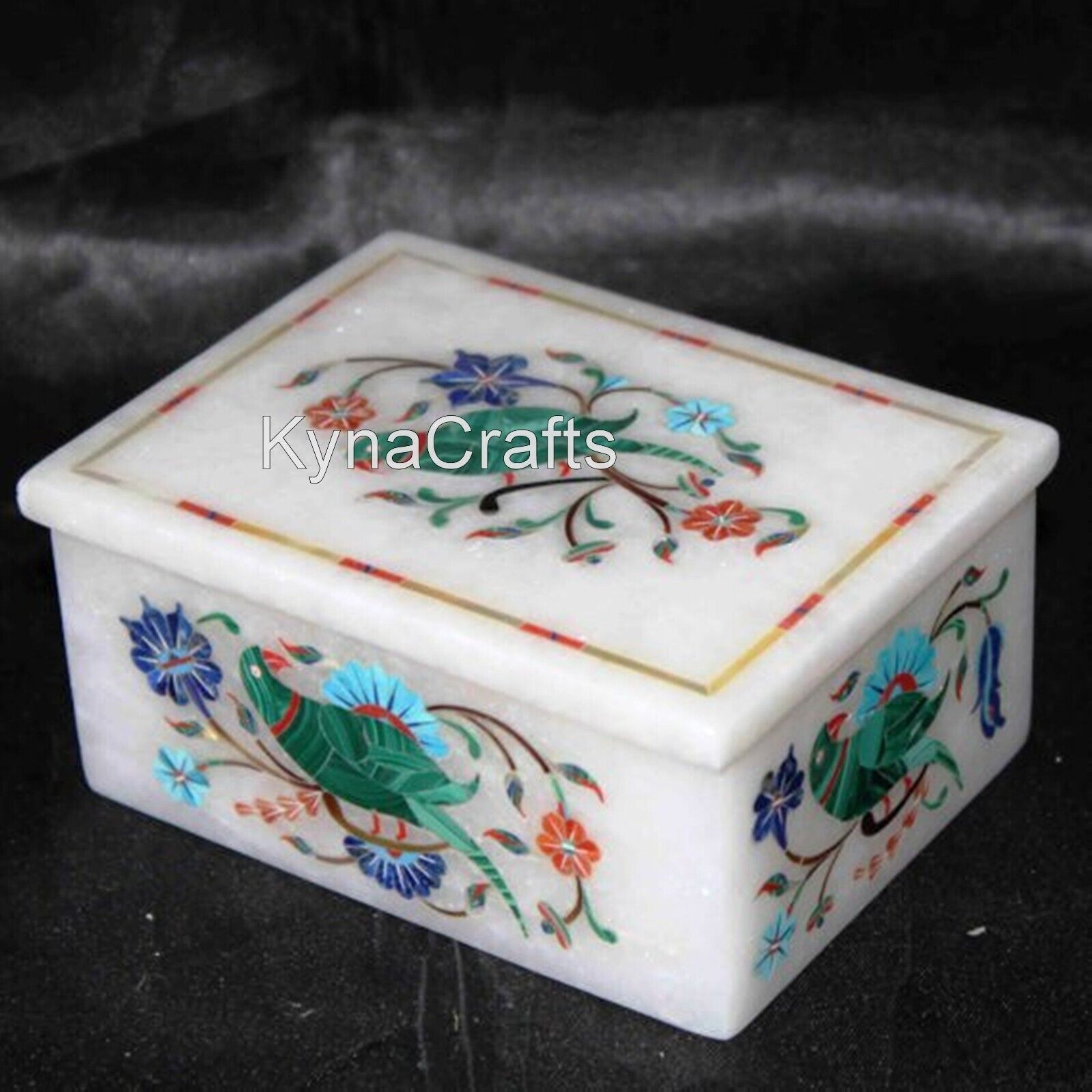 4 x 3 Inches Rectangle Marble Cosmetic Box Parrot Pattern Inlay Work Jewelry Box