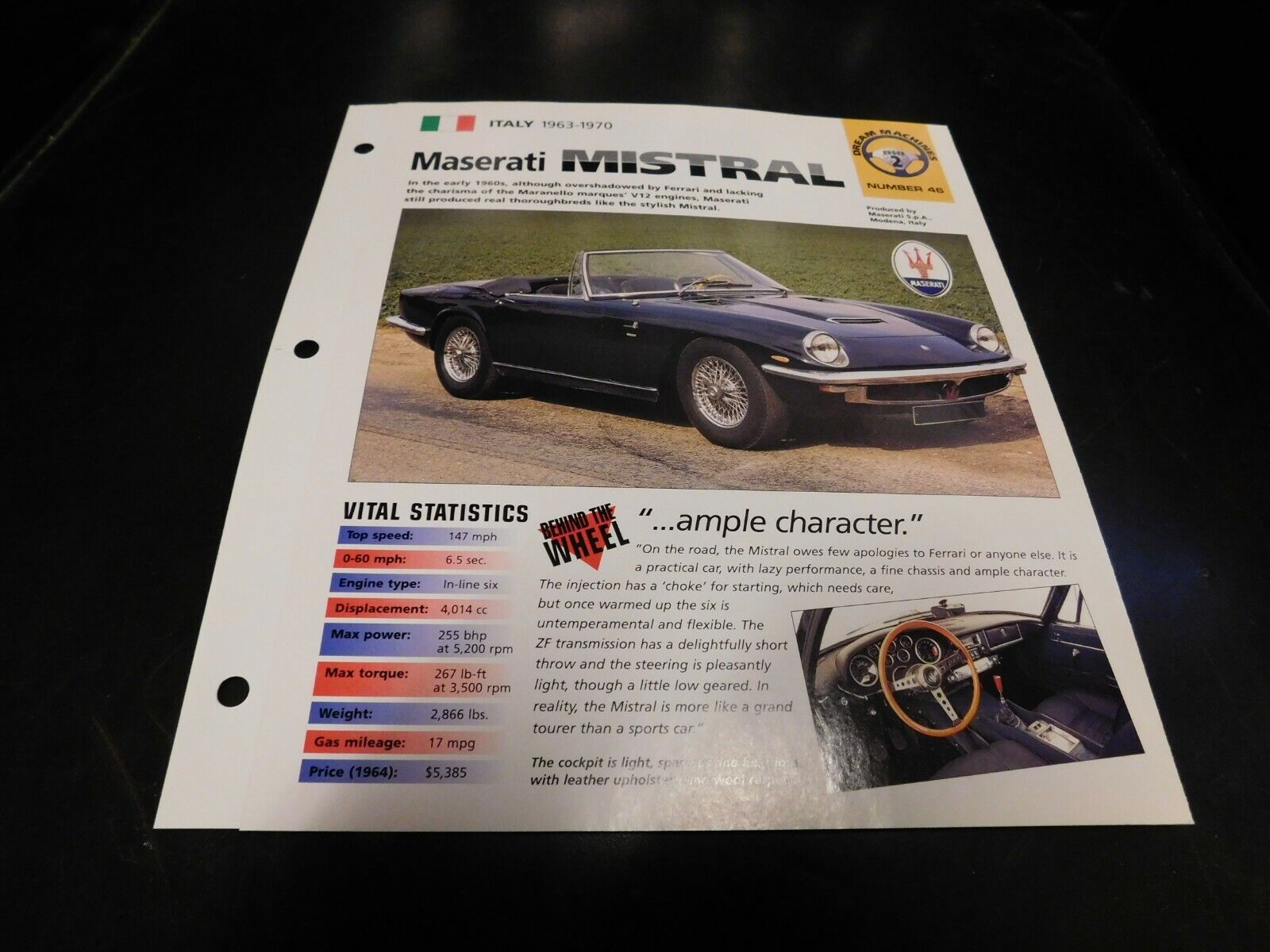 1963-1970 Maserati Mistral Spec Sheet Brochure Photo Poster 69 68