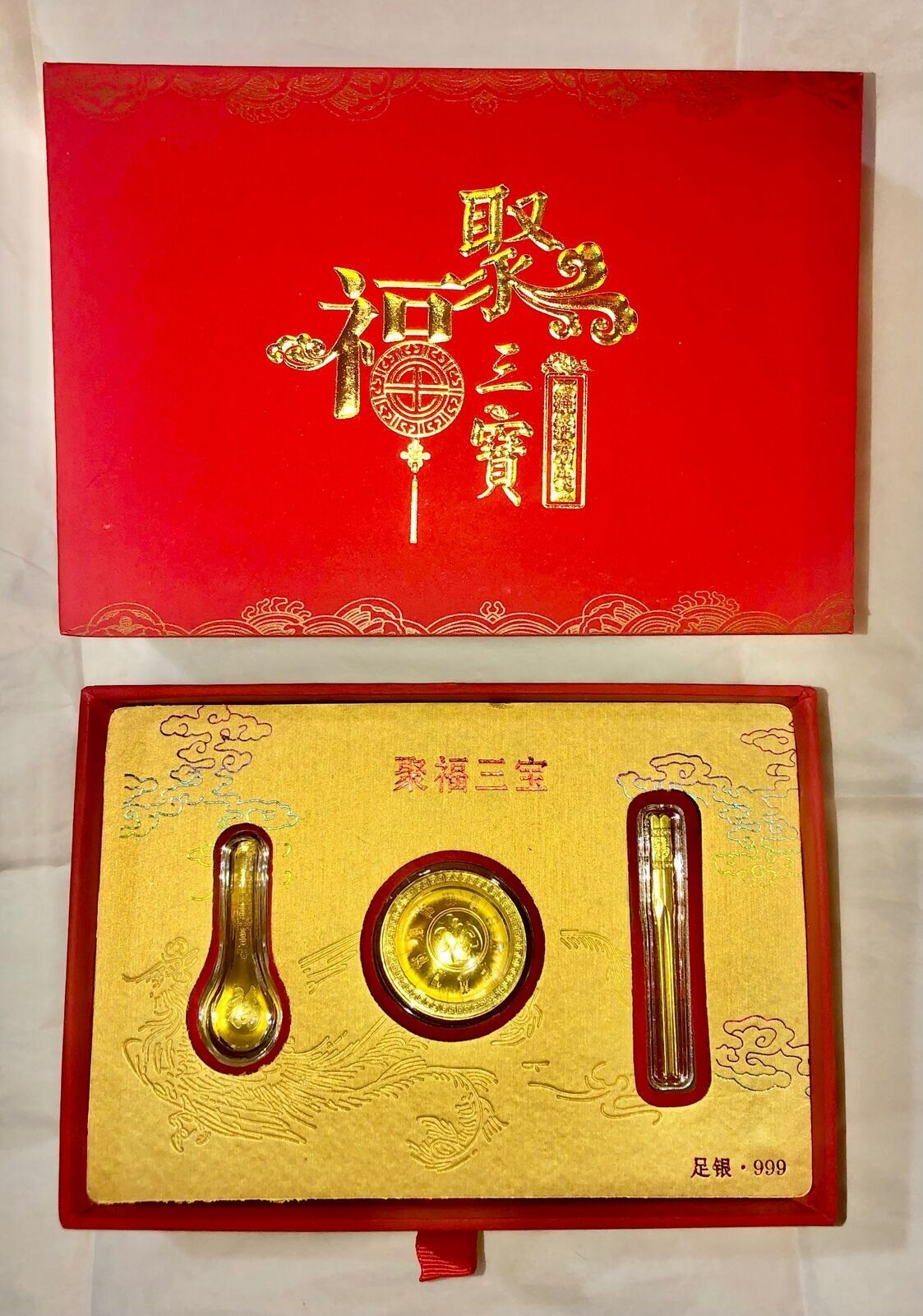 Miniature Golden Rice Bowl Spoon Chop Stick Spoon Gift Set Feng Shui Good Luck