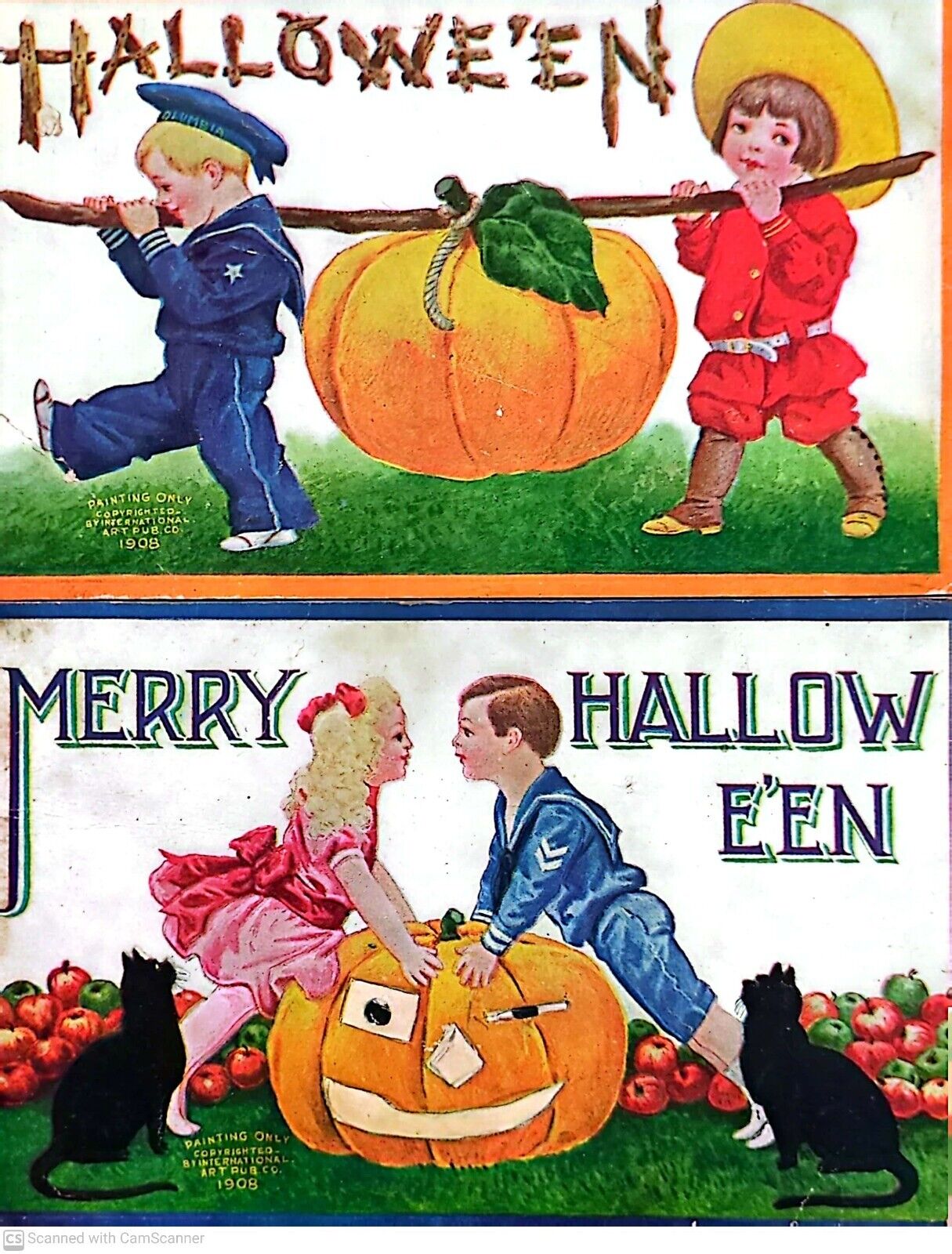 Antique Postcard 1908 Merry Halloween Kids Jack O Lantern Pumpkin Black Cats