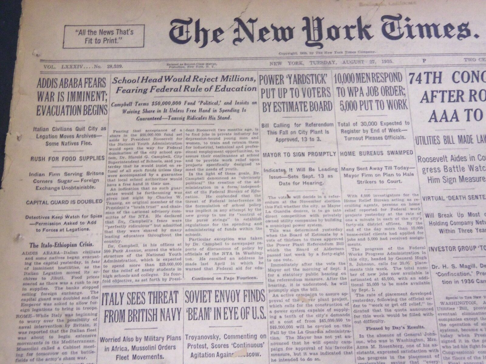 1935 AUGUST 27 NEW YORK TIMES - ADDIS ABABA FEARS WAR IS IMMIENT - NT 4911