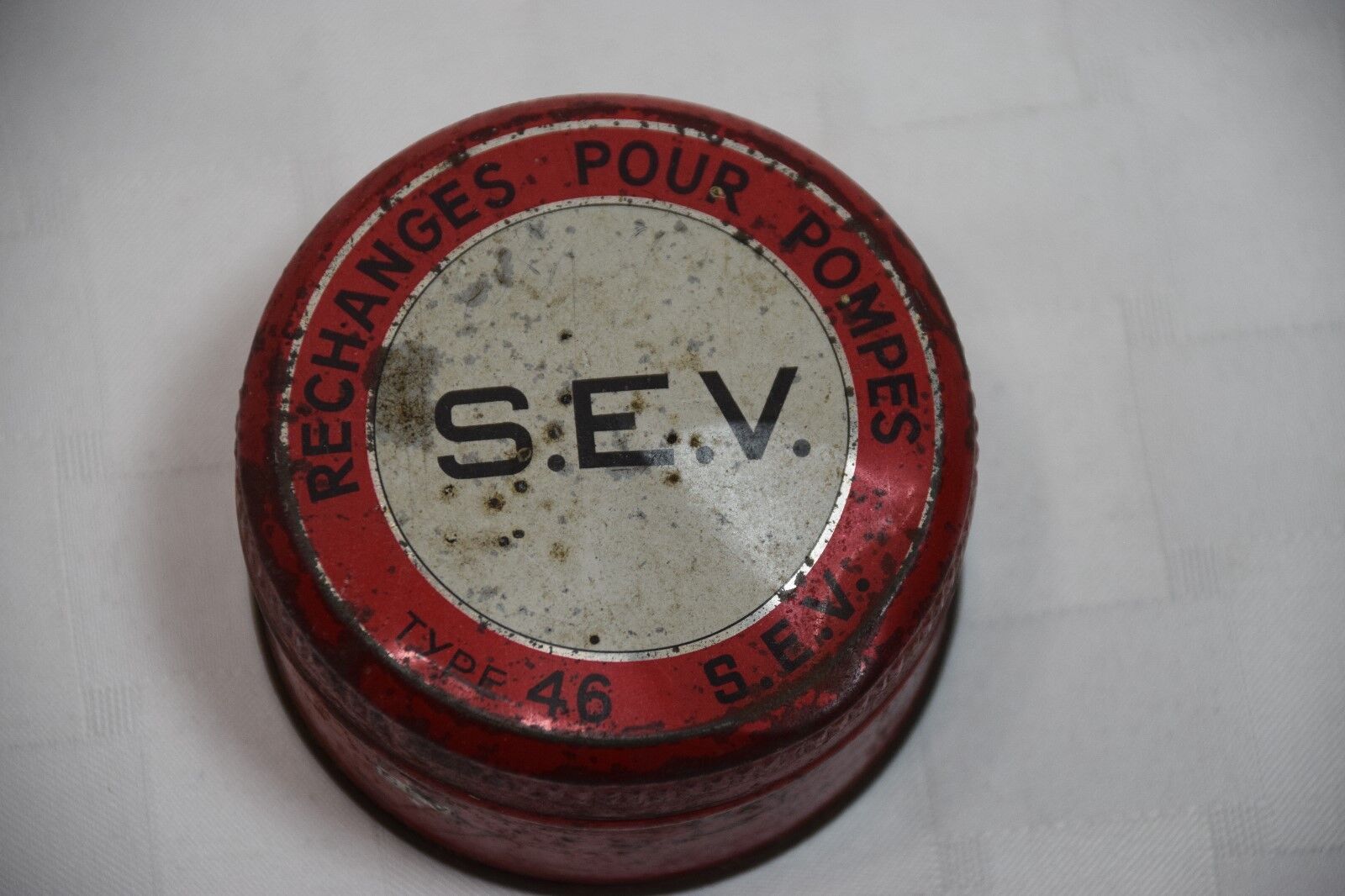 Vintage S.E.V. Type 46 Tin With Lid, Rechanges Pour Pompes