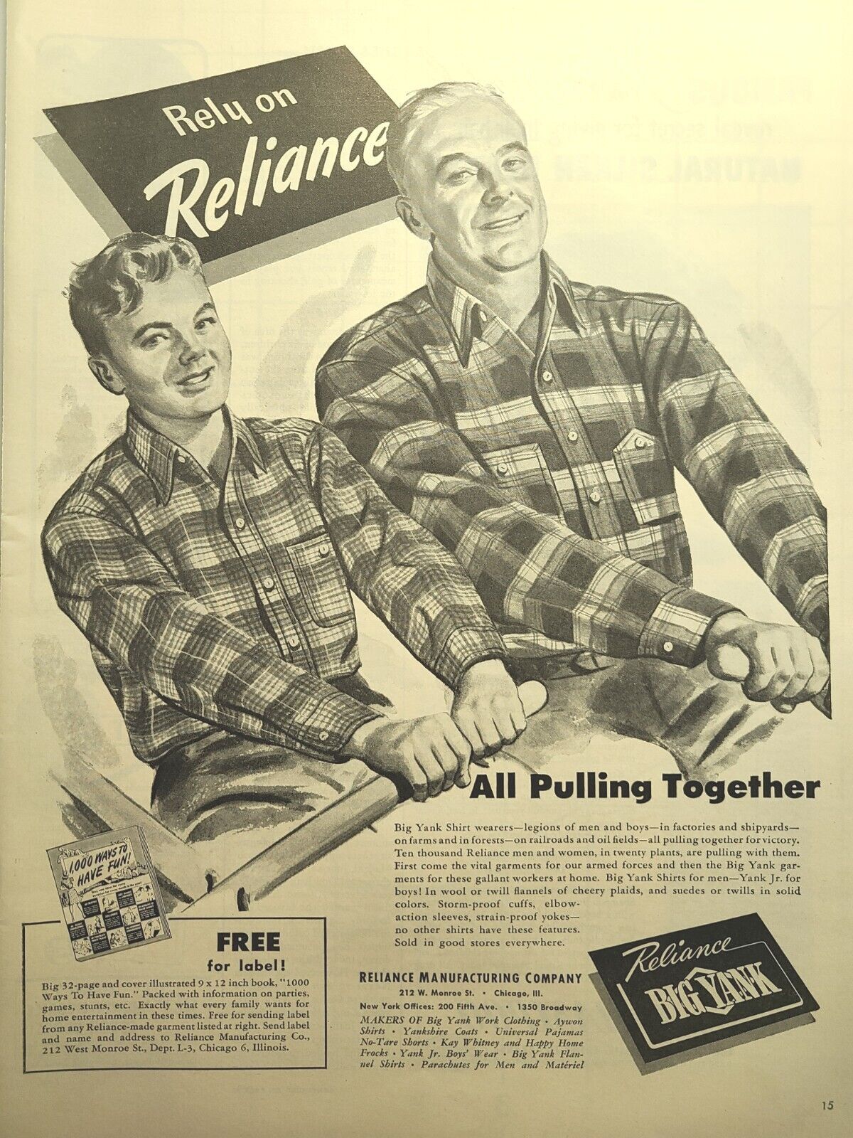 Big Yank Shirts Pulling Together War Time Man Boy Rowing Vintage Print Ad 1943