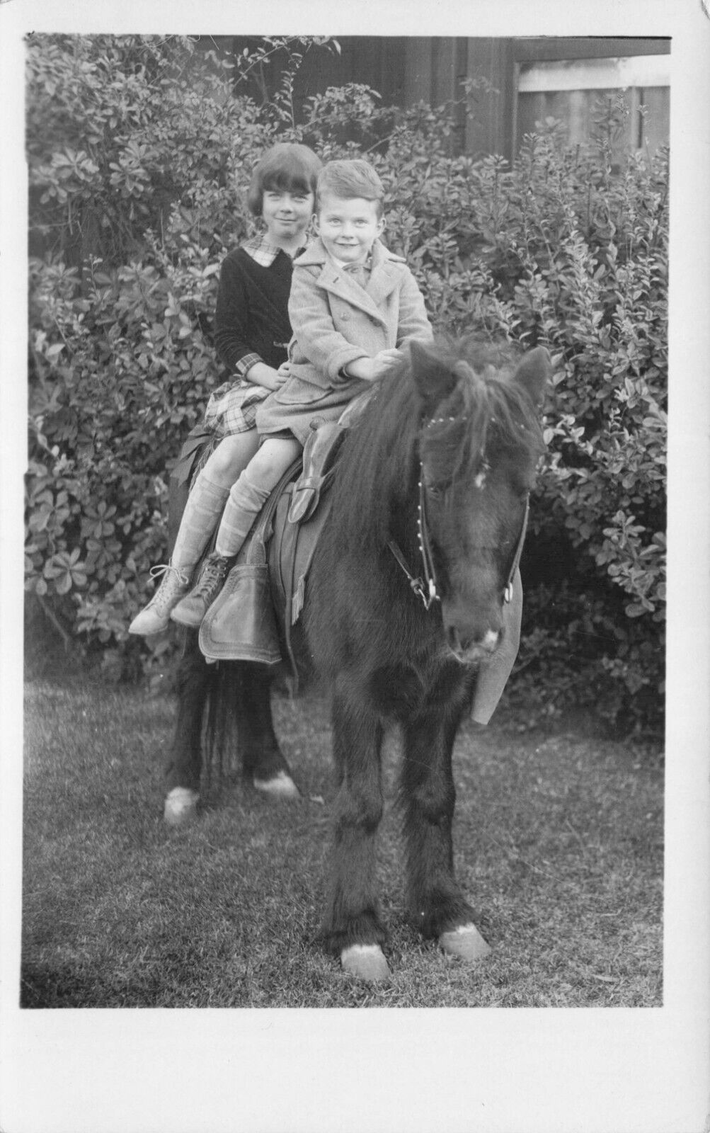 RPPC Smiling Little Boy and Girl on Pony Real Photo Postcard ca. 1927