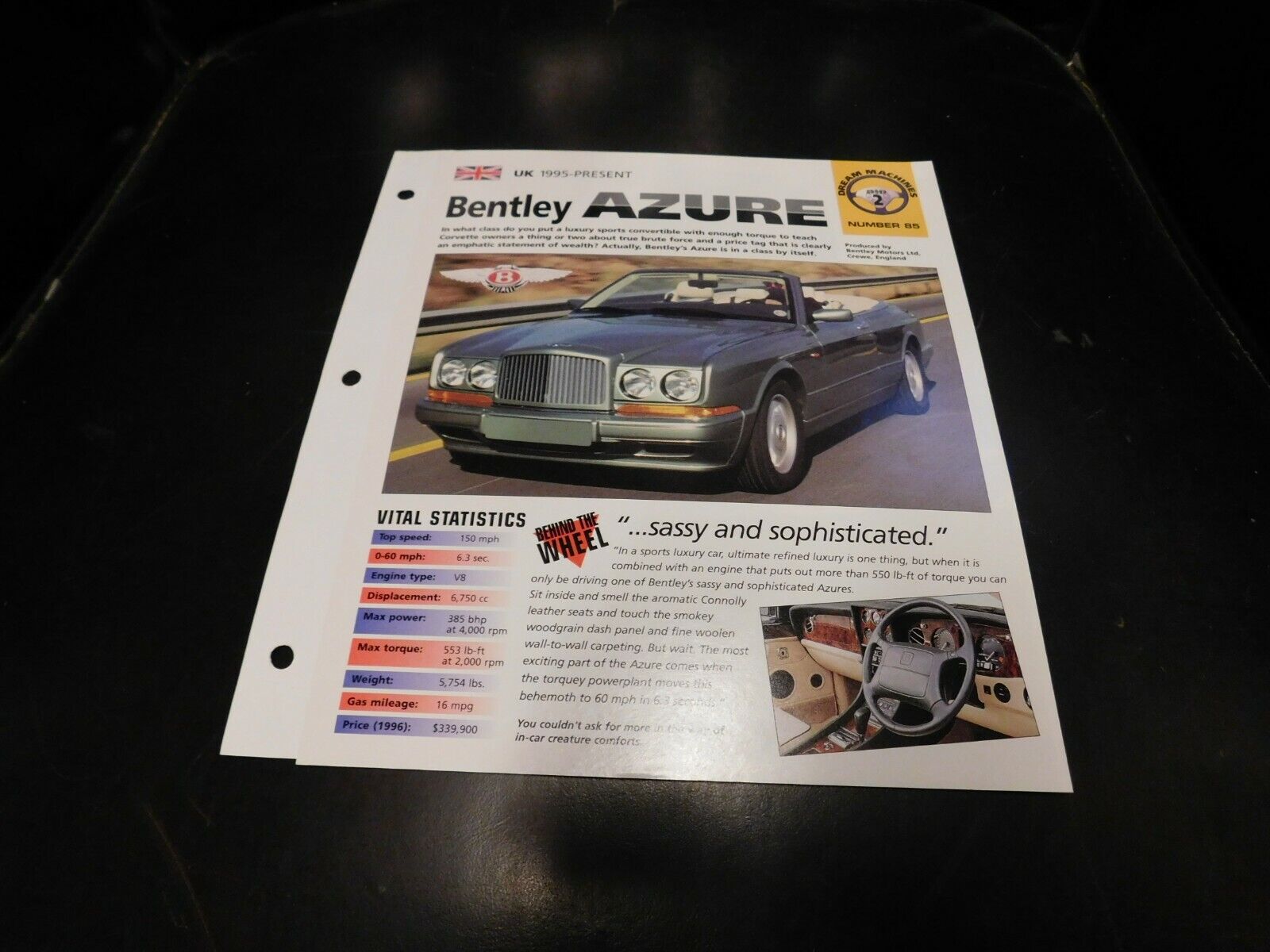 1995+ Bentley Azure Spec Sheet Brochure Photo Poster