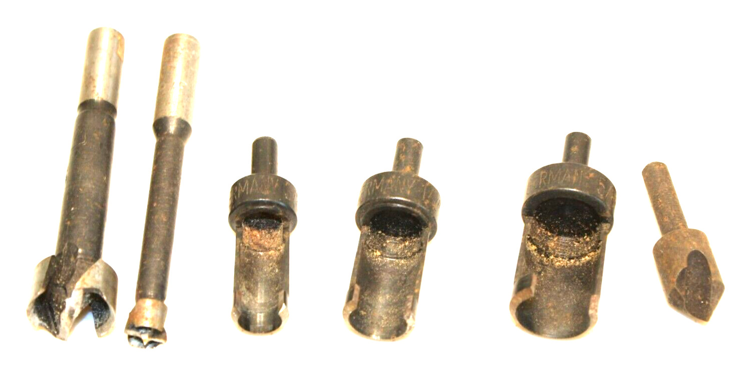 Vintage Hole Plug Cutter Set: 6 pieces: countersink, 2 Forstners, 3 Others