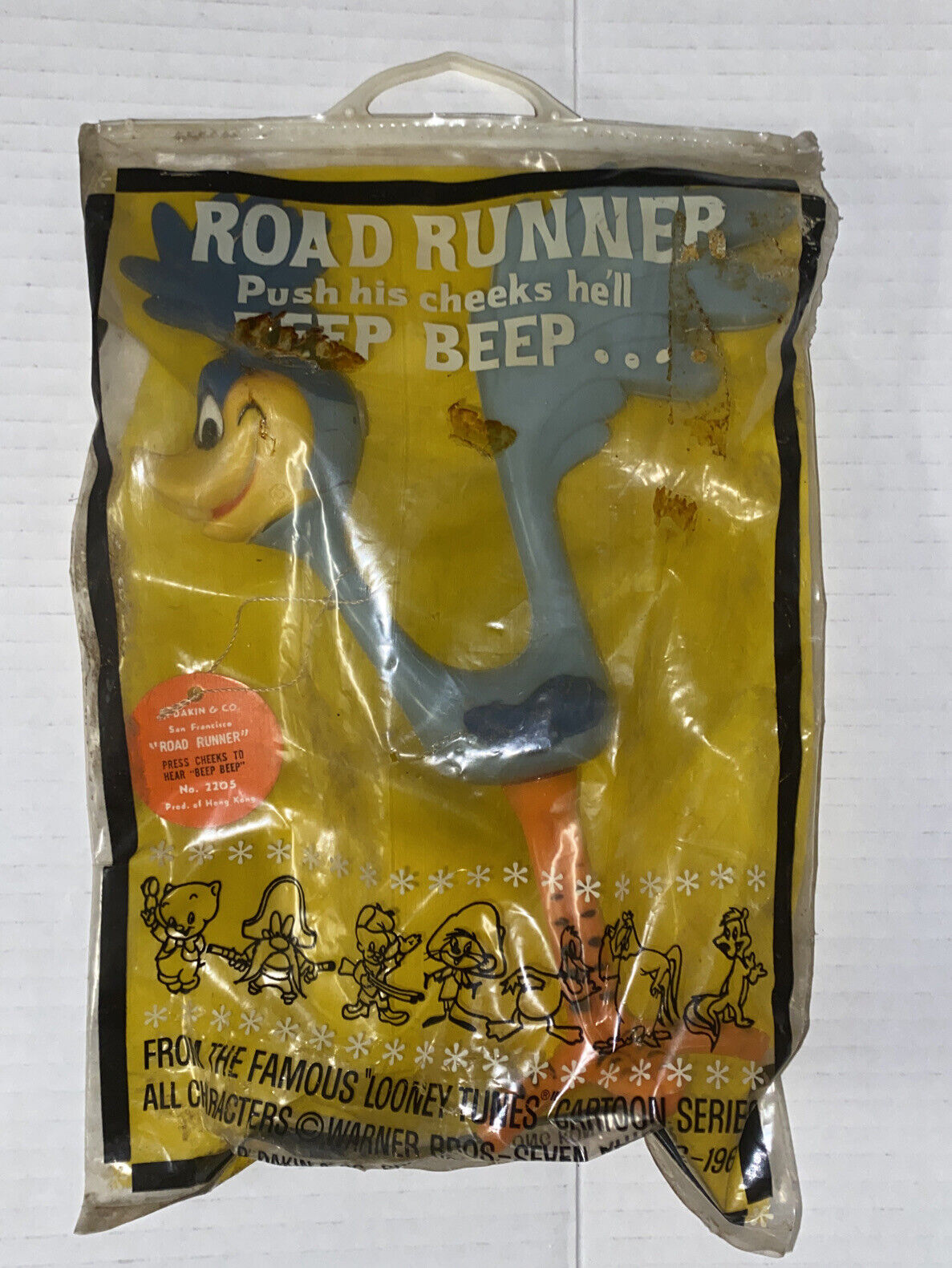 Vintage 1960s Looney Tunes Toy ROAD RUNNER Dakin w Bag Tag 1968 #2205 Squeak Toy