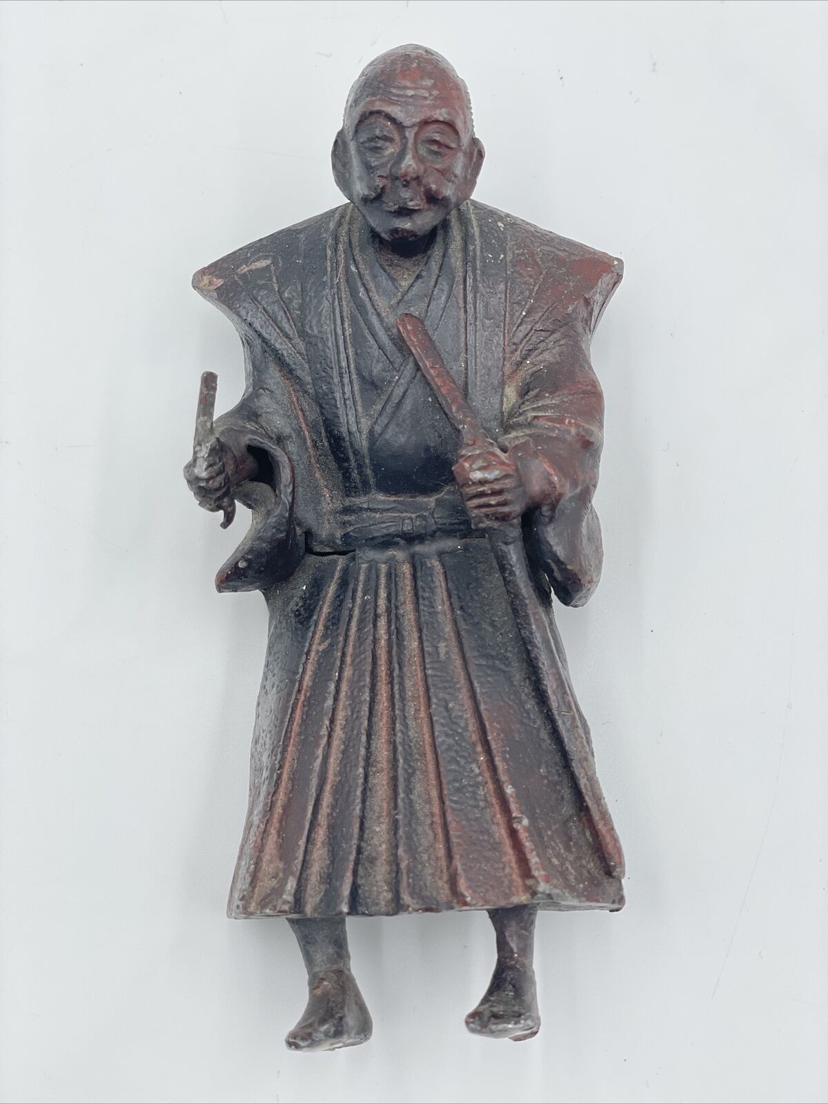 Vintage Cast Iron Japanese Old Man Samurai Warrior Statue Figurine Black Rustic