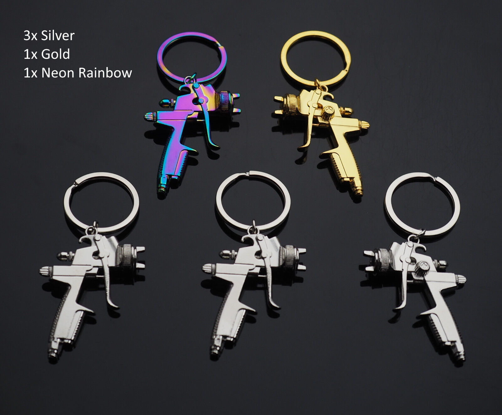 5 Pack - Spray Paint Gun Key Chain Pendant Keychain 3x Silver 1x Rainbow 1x Gold