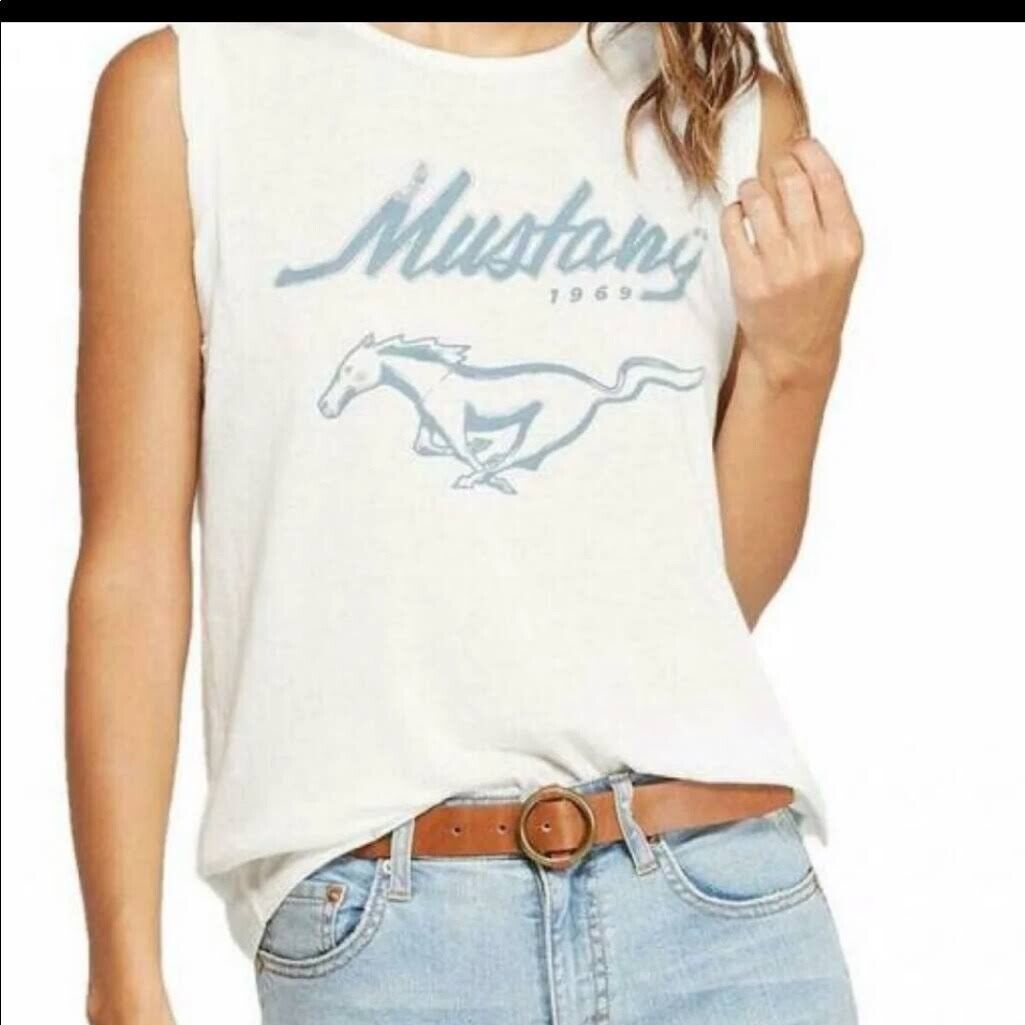 Ford 1969 Mustang Women’s Sleeveless Pony Shirt  White  With Blue Size Small