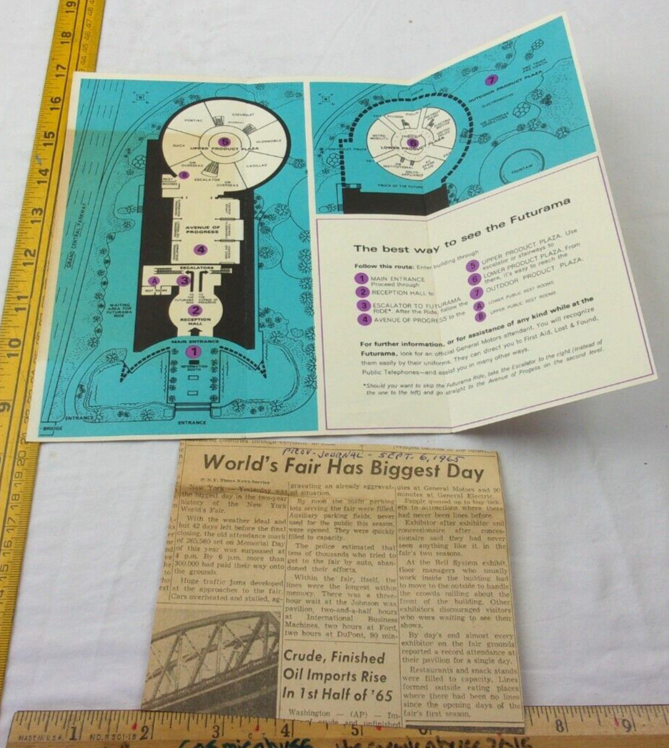 1964-65 GM General Motors Futurama World\'s Fair pamphlet w/ newspaper article