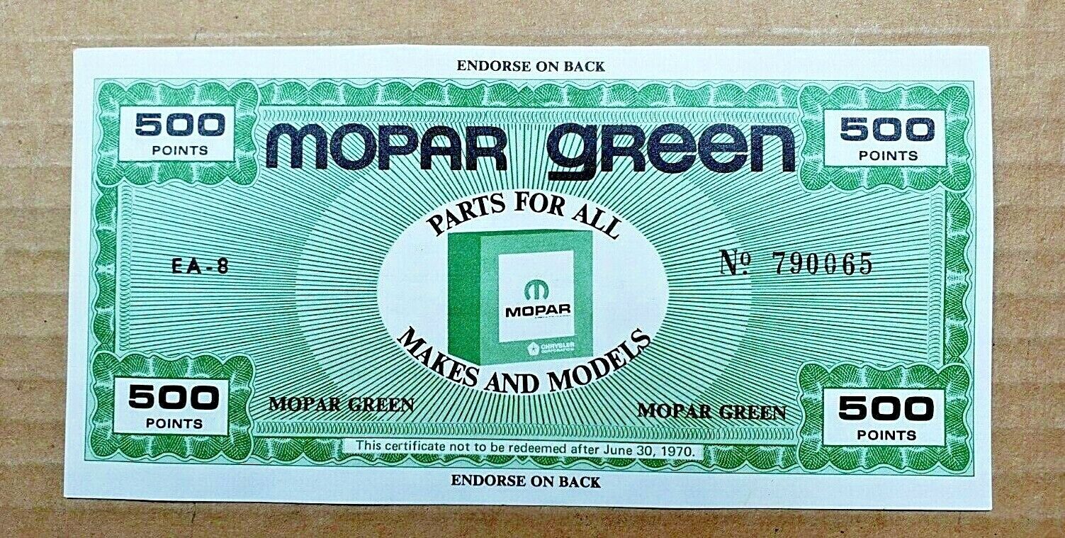 NOS 1965-1972 Mopar Green Prize Point Certificate Dealership Promotion 68 69 70 