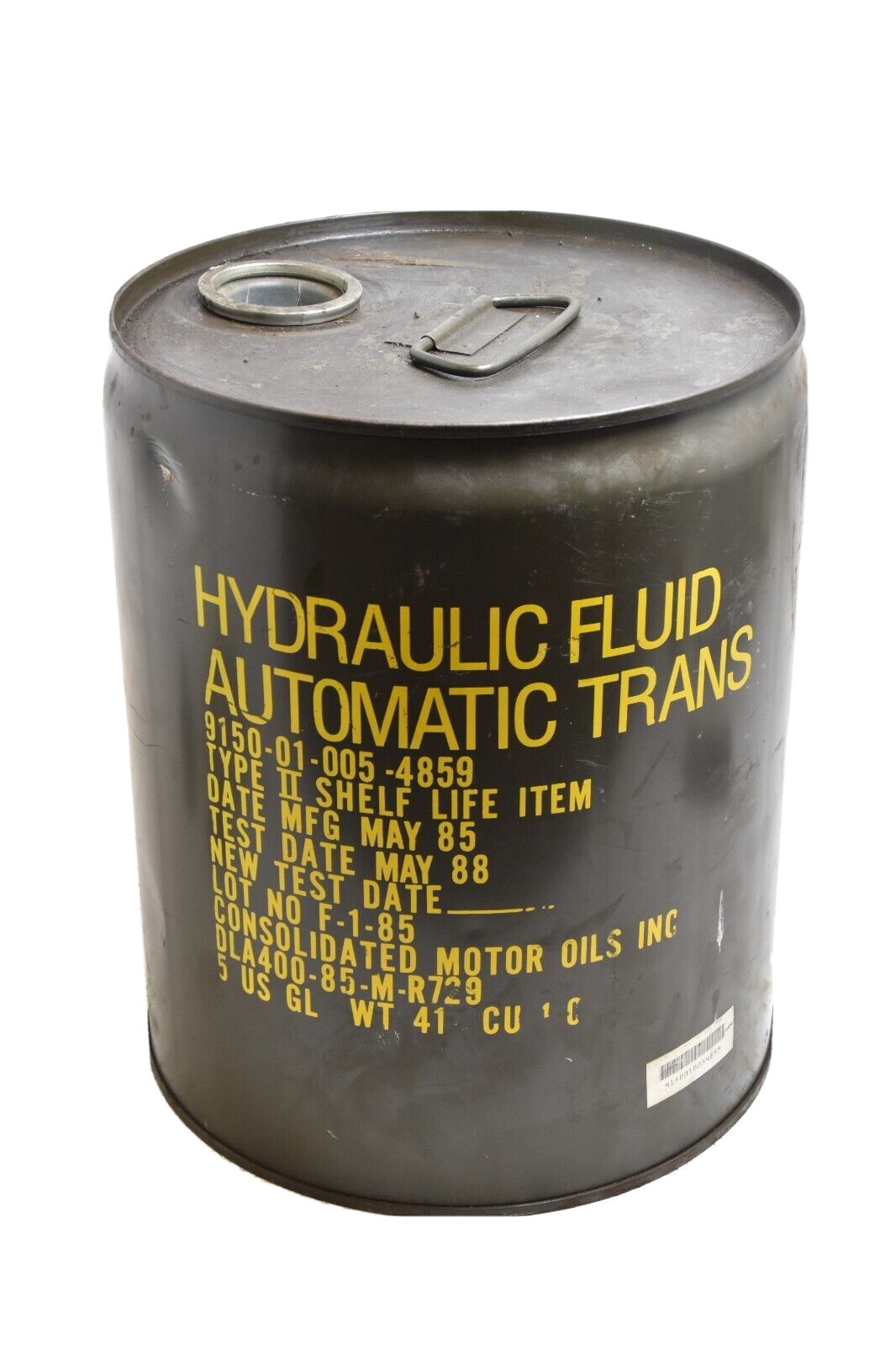 VINTAGE CONSOLIDATED MOTOR OILS INC. HYDRAULIC FLUID AUTO TRANS CAN. 5 GAL, 1985