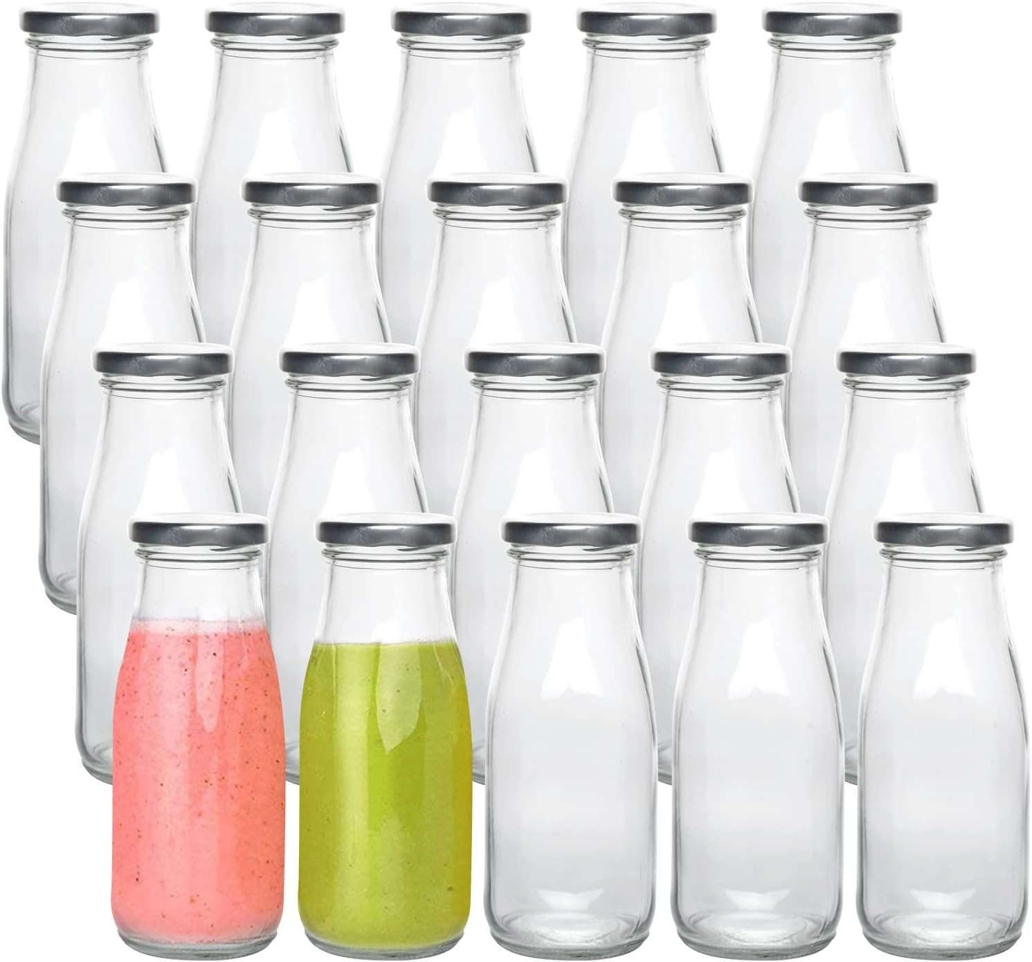 12 oz Glass Bottles, Clear Glass Milk Bottles with Silver Metal Airtight Lids, V
